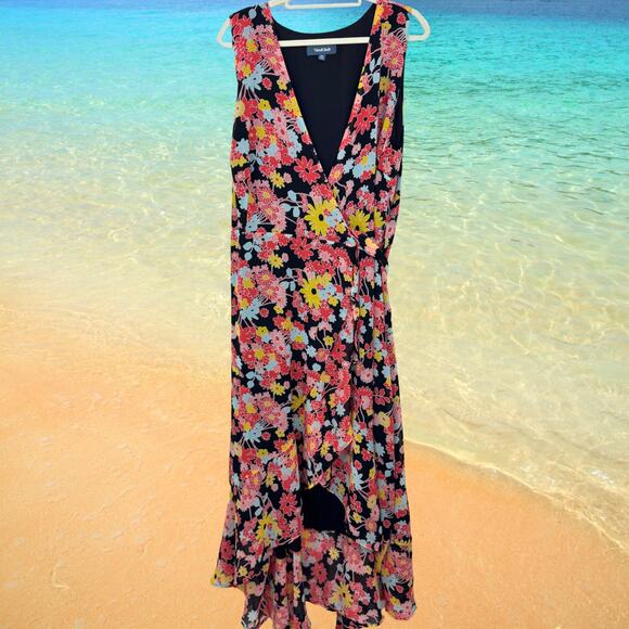 Modcloth Womens Bali Breeze Wrap Dress Size 2X Floral Retro Flowy Chiffon Black - Picture 1 of 9